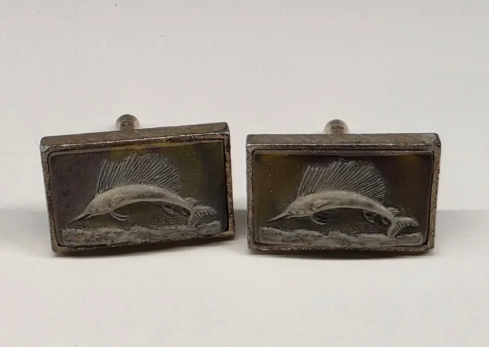 Vintage Dante Sailfish Scene Hand Engraved Silver Tone Cufflinks 1